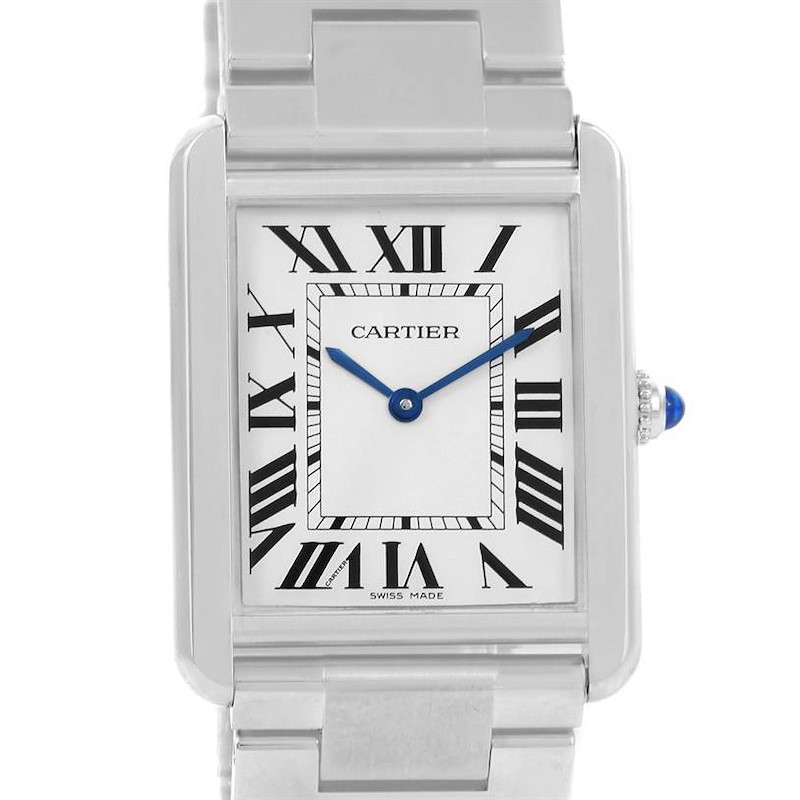 This image shows a front view of the Cartier Tank Solo watch, highlighting its face, metal bracelet, and crown with a blue cabochon.