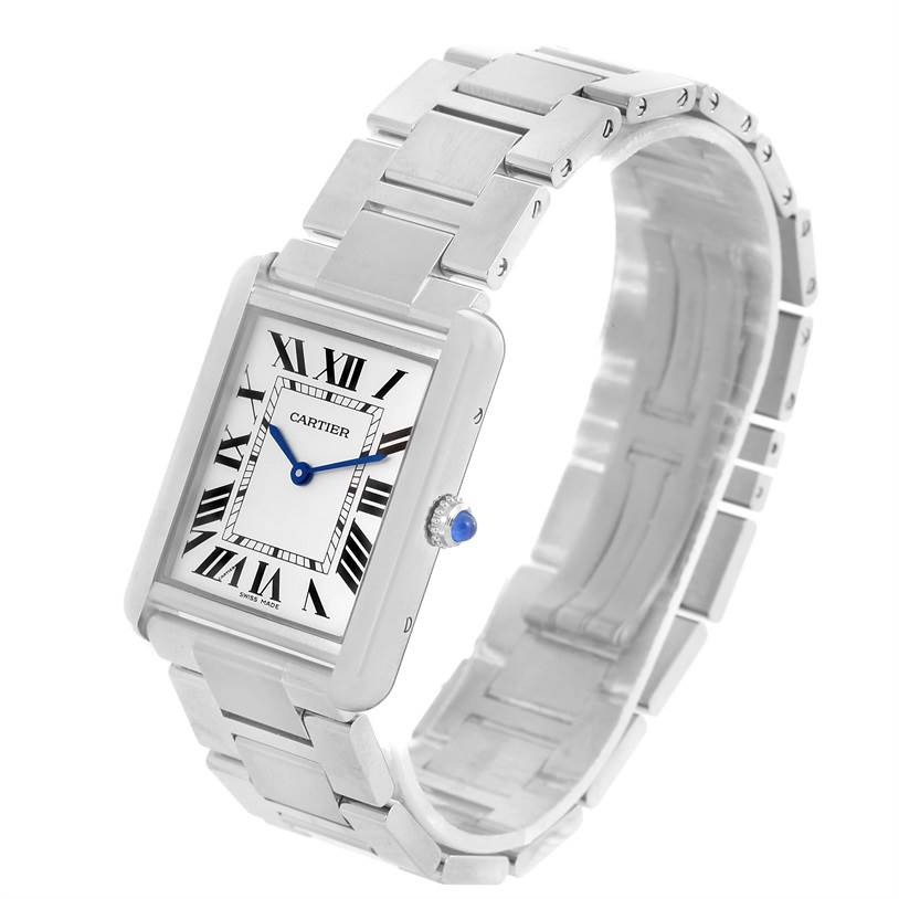 This image shows a Cartier Tank Solo W5200014 Stainless Steel Silver Dial W5200014 Stainless Steel Silver Dial watch at a side angle, highlighting its rectangular face, Roman numeral dial, and metal bracelet.