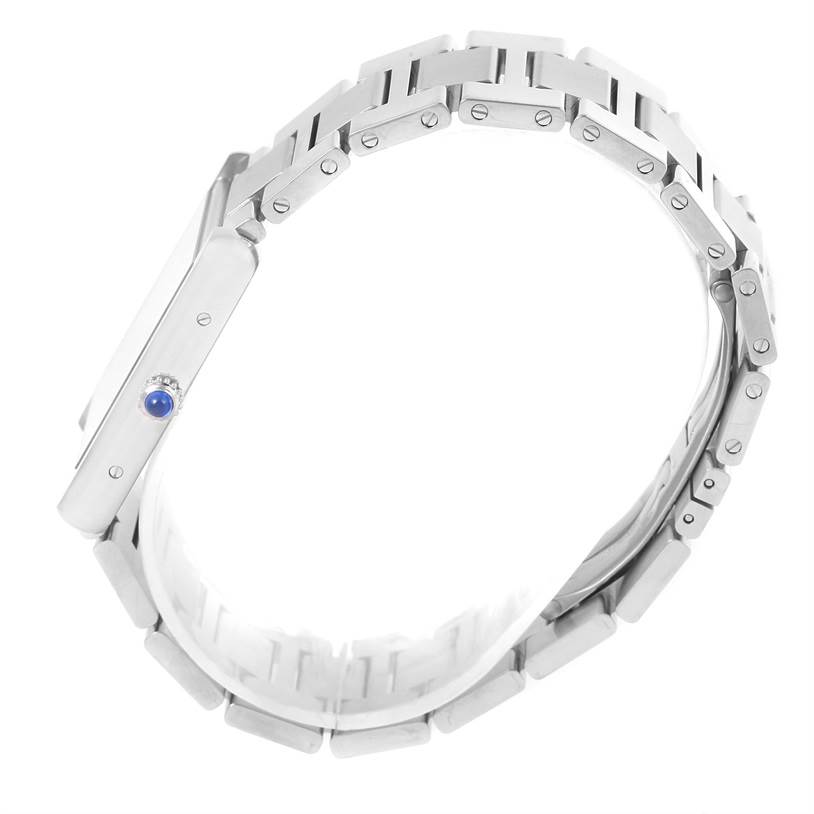 The image shows a side view of the Cartier Tank Solo W5200014 Stainless Steel Silver Dial W5200014 Stainless Steel Silver Dial model watch, highlighting its metal bracelet and crown.