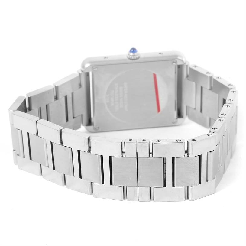 The image shows the back and metal bracelet of a Cartier Tank Solo W5200014 Stainless Steel Silver Dial W5200014 Stainless Steel Silver Dial watch at a rear angle.