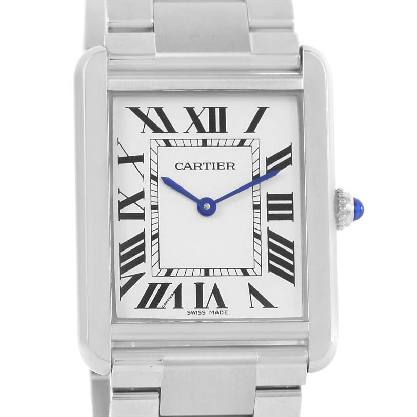 This image shows a front view of the Cartier Tank Solo W5200014 Stainless Steel Silver Dial W5200014 Stainless Steel Silver Dial watch, focusing on the face, Roman numerals, and part of the metal bracelet.