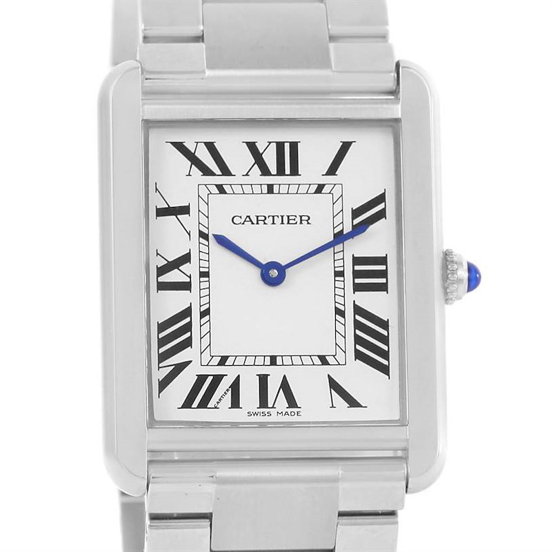 This image shows a front view of the Cartier Tank Solo watch, focusing on the face, Roman numerals, and part of the metal bracelet.