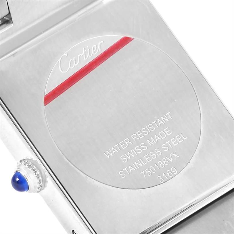 The image shows the back case of a Cartier Tank Solo W5200014 Stainless Steel Silver Dial W5200014 Stainless Steel Silver Dial watch, highlighting its water resistance, Swiss-made stainless steel, and serial numbers.