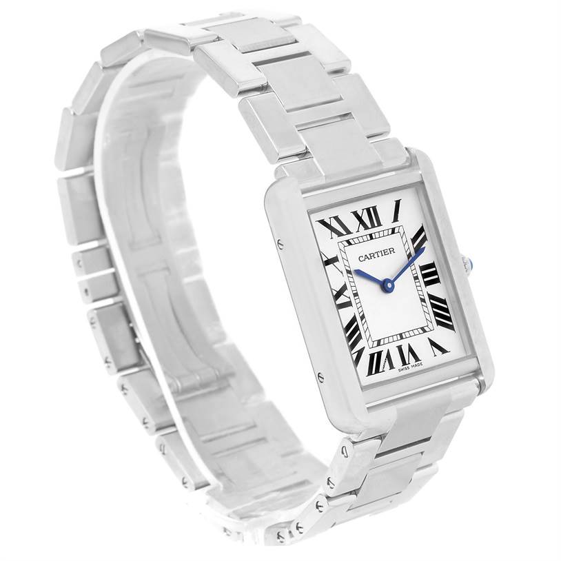 The image shows the Cartier Tank Solo W5200014 Stainless Steel Silver Dial W5200014 Stainless Steel Silver Dial watch at a three-quarter angle, highlighting its rectangular face, Roman numerals, and metal bracelet.