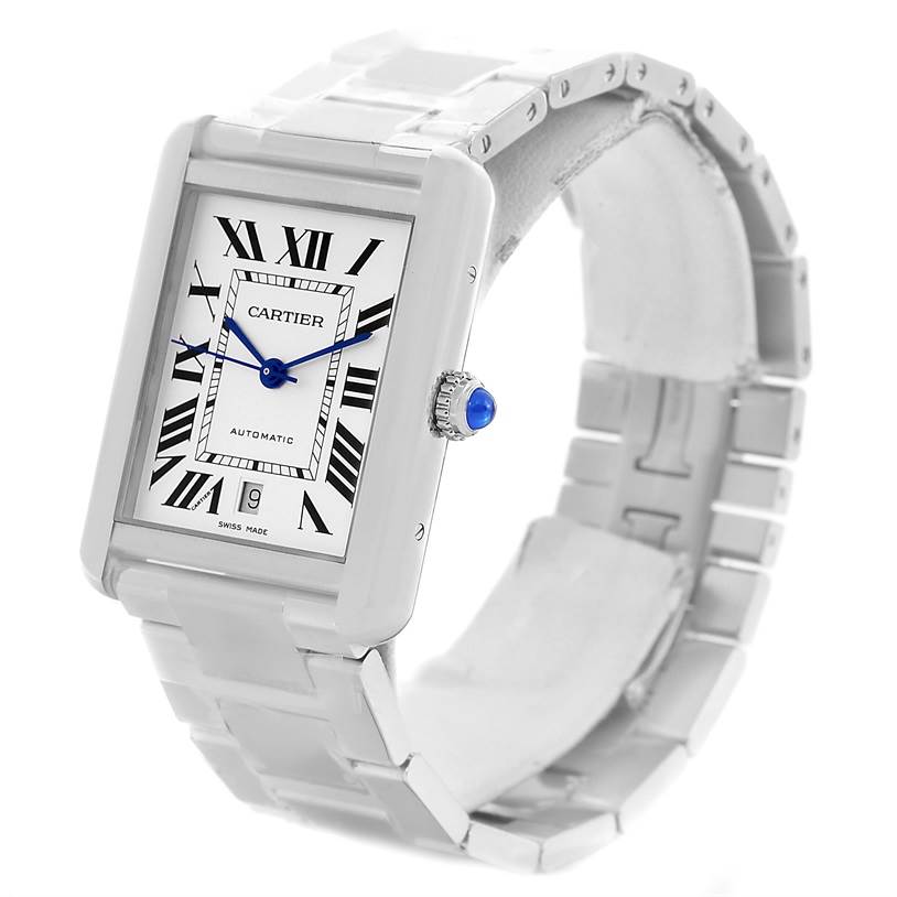 The Cartier Tank Solo W5200028 Men
s Stainless Steel Silver Dial W5200028 Men
s Stainless Steel Silver Dial model watch is shown from a front angle, displaying its face, bracelet, and crown with a blue cabochon.