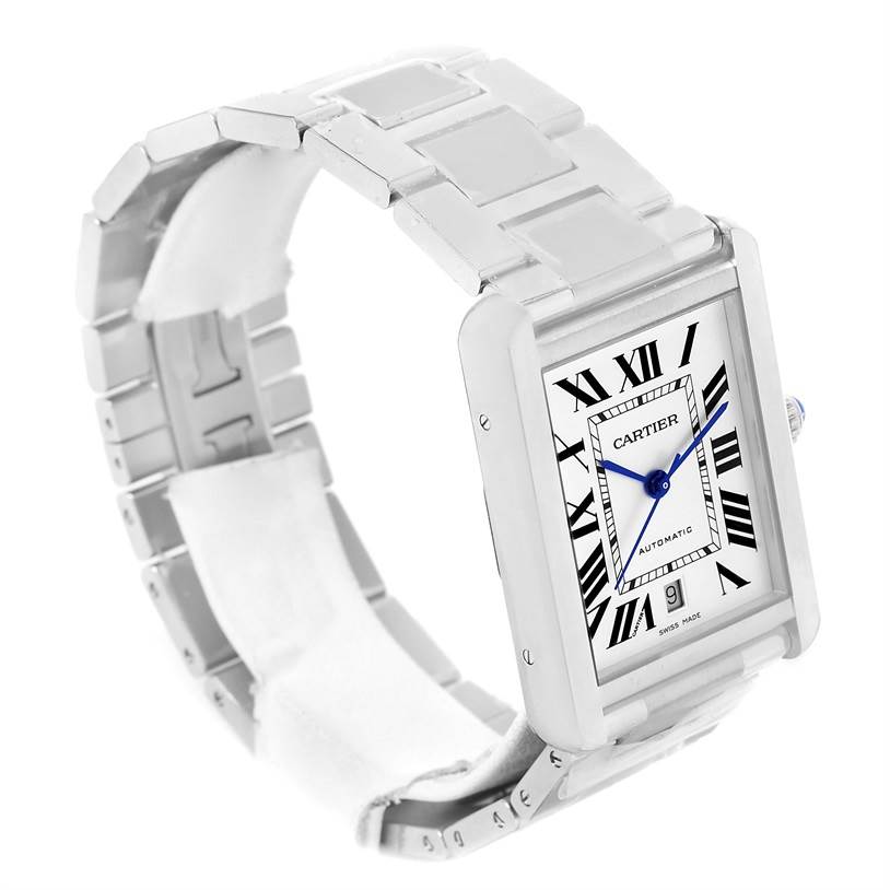 The Cartier Tank Solo W5200028 Men
s Stainless Steel Silver Dial W5200028 Men
s Stainless Steel Silver Dial watch is shown from an angled perspective, displaying its rectangular face, Roman numerals, and metal strap.