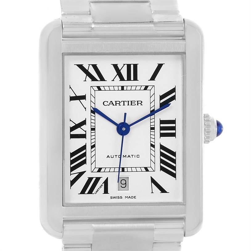 The image shows a front view of the Cartier Tank Solo W5200028 Men
s Stainless Steel Silver Dial W5200028 Men
s Stainless Steel Silver Dial watch, highlighting its Roman numeral dial and blue hands.