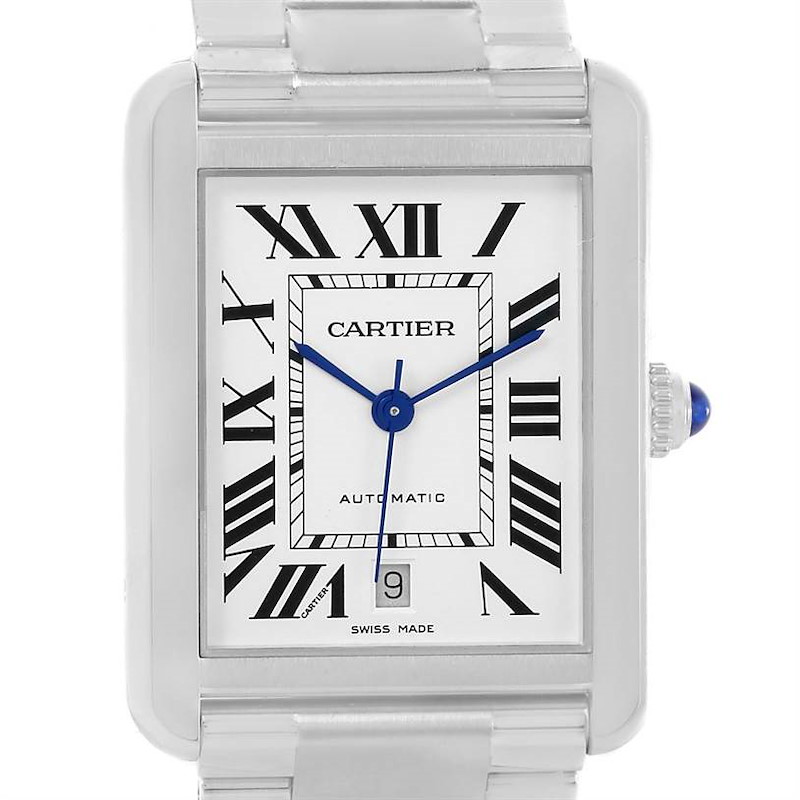 The image shows a front view of the Cartier Tank Solo watch, highlighting its Roman numeral dial and blue hands.