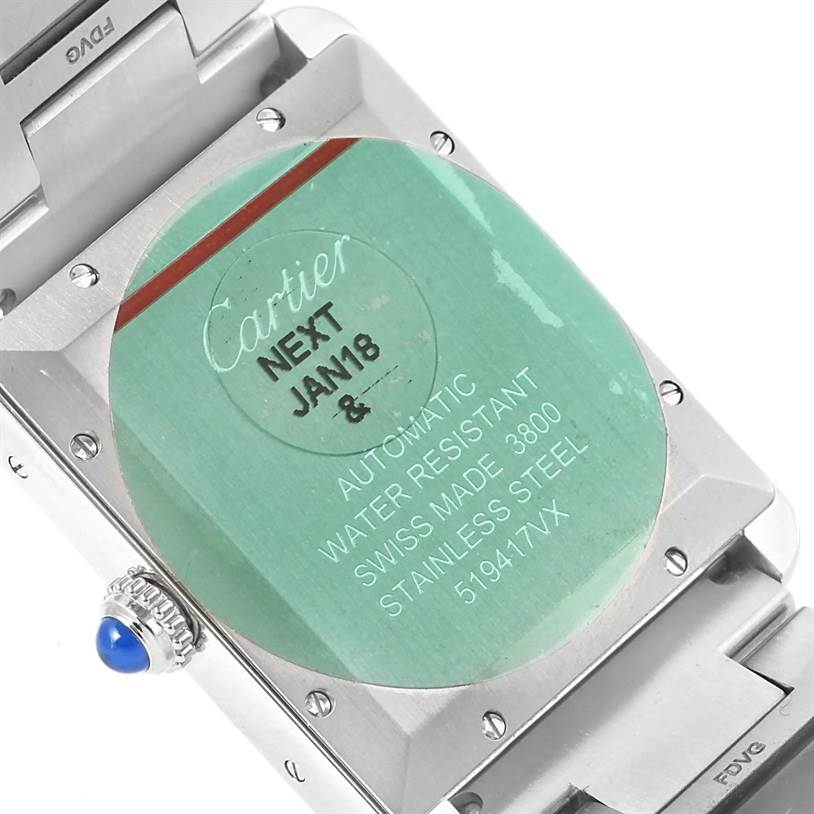 The image shows the back of a Cartier Tank Solo W5200028 Men
s Stainless Steel Silver Dial W5200028 Men
s Stainless Steel Silver Dial watch, highlighting the stainless steel case and engravings.