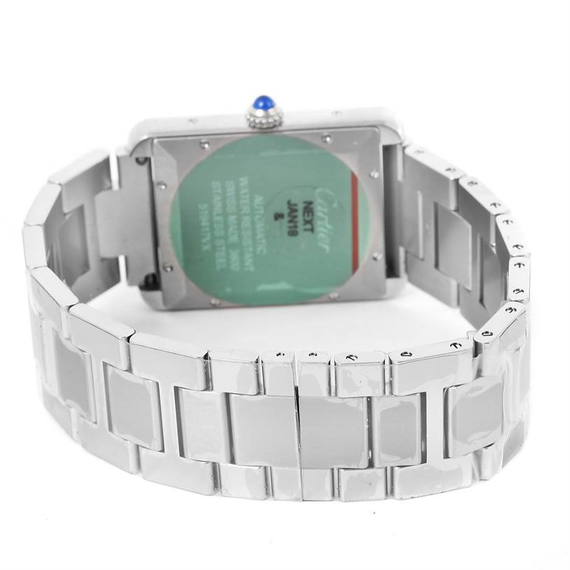 The image shows the back view of the Cartier Tank Solo W5200028 Men
s Stainless Steel Silver Dial W5200028 Men
s Stainless Steel Silver Dial watch, highlighting the bracelet and case back.