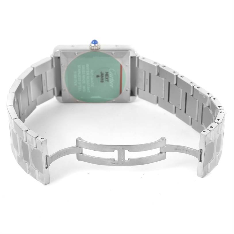The image shows the back view of the Cartier Tank Solo W5200028 Men
s Stainless Steel Silver Dial W5200028 Men
s Stainless Steel Silver Dial watch, highlighting its stainless steel bracelet and deployment clasp.