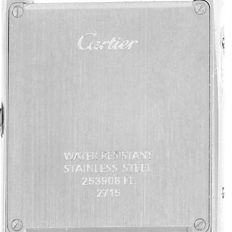 This image shows the back case of a Cartier Tank Solo W1018355 Men
s Stainless Steel Silver Dial W1018355 Men
s Stainless Steel Silver Dial watch, highlighting the brand engraving and material details.