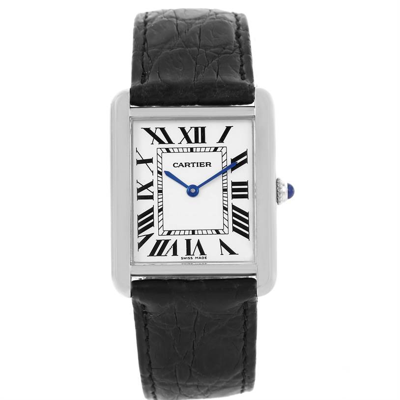 The image shows a front view of a Cartier Tank Solo W1018355 Men
s Stainless Steel Silver Dial W1018355 Men
s Stainless Steel Silver Dial watch, featuring its rectangular face, Roman numerals, and leather strap.