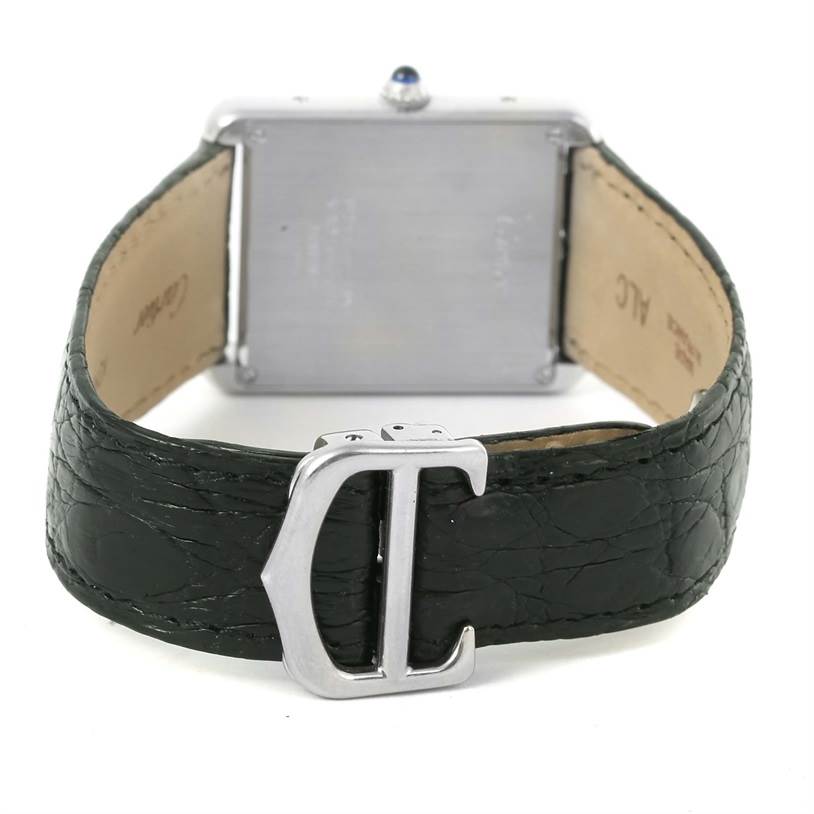 This image shows the back view of the Cartier Tank Solo W1018355 Men
s Stainless Steel Silver Dial W1018355 Men
s Stainless Steel Silver Dial watch, highlighting the buckle and leather strap.