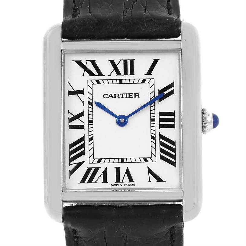 This image shows the front view of a Cartier Tank Solo W1018355 Men
s Stainless Steel Silver Dial W1018355 Men
s Stainless Steel Silver Dial watch, featuring its dial, hands, crown, and partial strap.