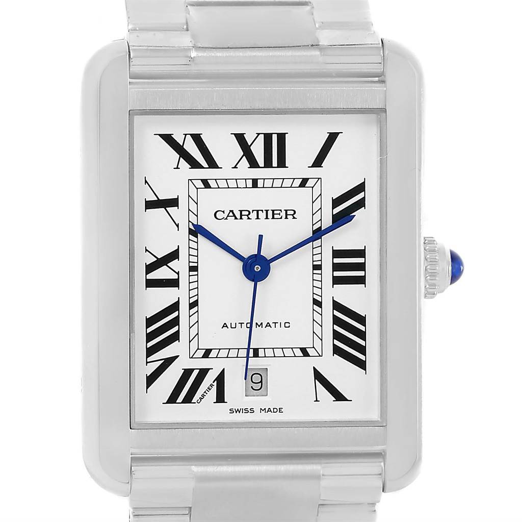 The image shows a front view of the Cartier Tank Solo W5200028 Men
s Stainless Steel Silver Dial W5200028 Men
s Stainless Steel Silver Dial watch, highlighting the face, Roman numerals, date window, and crown.
