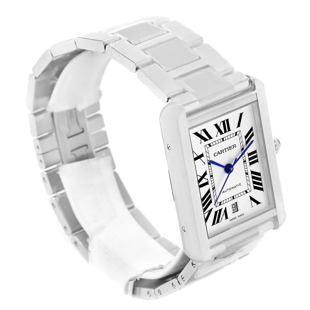 The image shows a Cartier Tank Solo W5200028 Men
s Stainless Steel Silver Dial W5200028 Men
s Stainless Steel Silver Dial watch angled to display its face, bracelet, and part of its side profile.