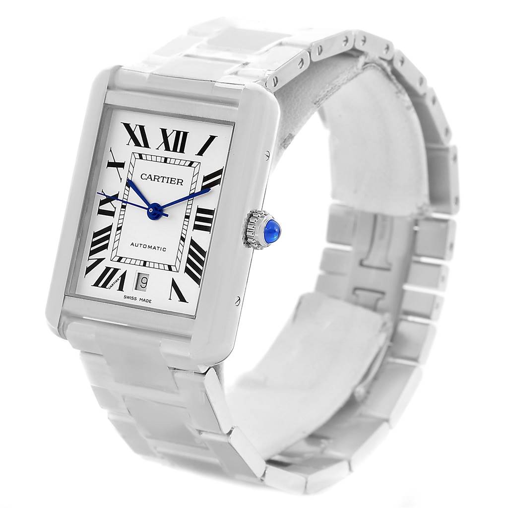 The image shows a Cartier Tank Solo W5200028 Men
s Stainless Steel Silver Dial W5200028 Men
s Stainless Steel Silver Dial watch at a slight left angle, highlighting its face, bracelet, and crown with a blue cabochon.