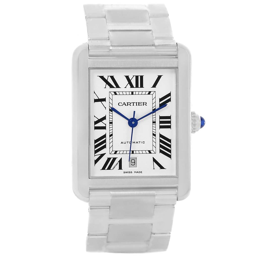 The image shows a frontal view of the Cartier Tank Solo W5200028 Men
s Stainless Steel Silver Dial W5200028 Men
s Stainless Steel Silver Dial watch, highlighting its face, hour markers, and bracelet.