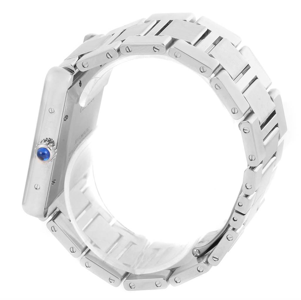 The image shows a side view of a Cartier Tank Solo W5200028 Men
s Stainless Steel Silver Dial W5200028 Men
s Stainless Steel Silver Dial watch with a focus on the metallic band and crown.