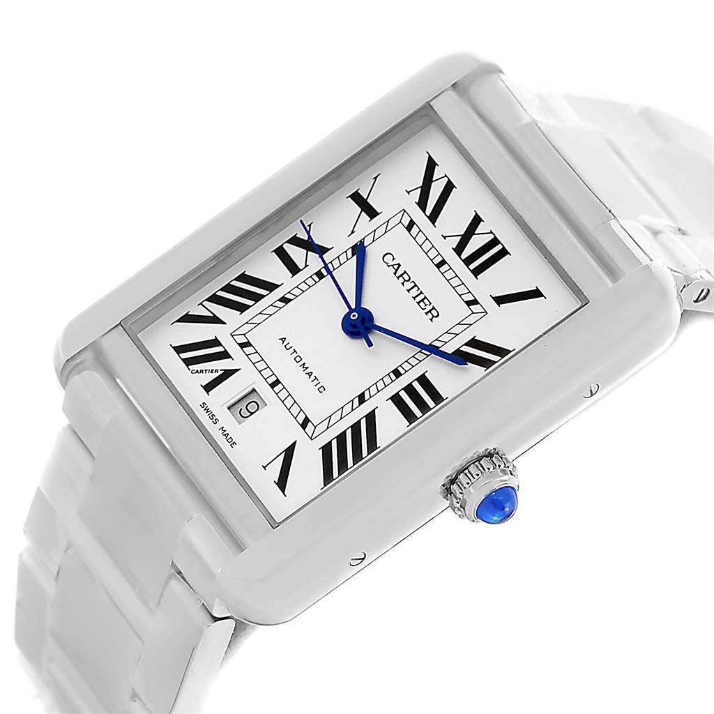 The image shows a Cartier Tank Solo W5200028 Men
s Stainless Steel Silver Dial W5200028 Men
s Stainless Steel Silver Dial watch at a slight angle, highlighting its rectangular face, Roman numerals, date window, and blue hands.