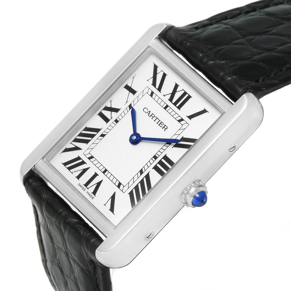 The image shows a Cartier Tank Solo W1018355 Stainless Steel Silver Dial W1018355 Stainless Steel Silver Dial watch at an angled side view, highlighting its dial, crown, and leather strap.