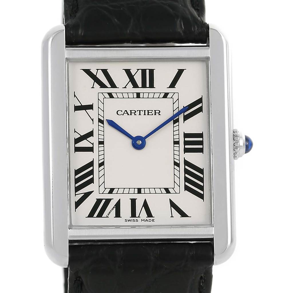 The Cartier Tank Solo W1018355 Men
s Stainless Steel Silver Dial W1018355 Men
s Stainless Steel Silver Dial watch is shown from the front, displaying its rectangular case, Roman numerals, blue hands, and black leather strap.