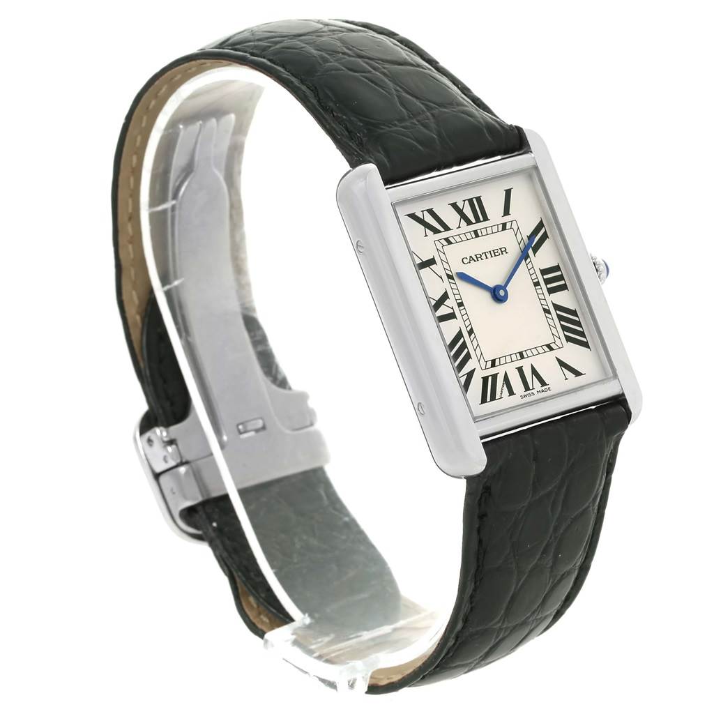 The image shows a Cartier Tank Solo W1018355 Men
s Stainless Steel Silver Dial W1018355 Men
s Stainless Steel Silver Dial watch, angled to display its face, bezel, and black leather strap.