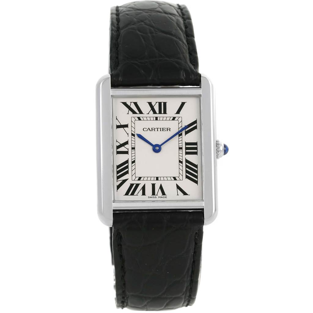 This image shows a front view of a Cartier Tank Solo W1018355 Men
s Stainless Steel Silver Dial W1018355 Men
s Stainless Steel Silver Dial watch, including its black leather strap and white dial with Roman numerals.