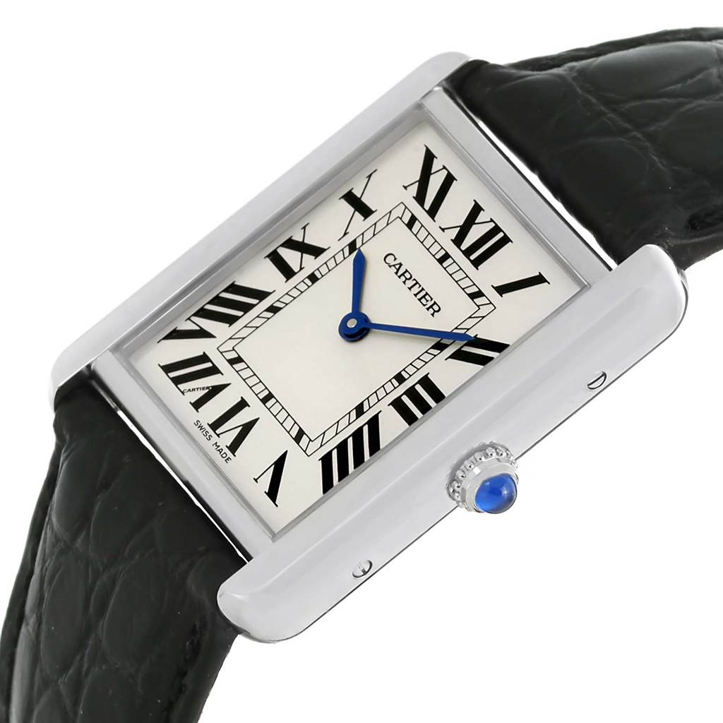 This Cartier Tank Solo W1018355 Men
s Stainless Steel Silver Dial W1018355 Men
s Stainless Steel Silver Dial watch is shown at a slight angle, highlighting its rectangular face, Roman numerals, blue hands, and black leather strap.