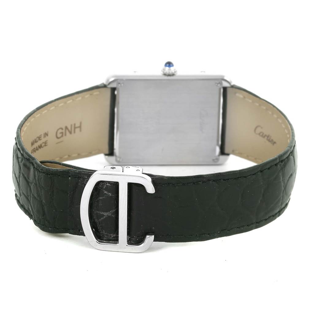 This image shows the back view of the Cartier Tank Solo W1018355 Men
s Stainless Steel Silver Dial W1018355 Men
s Stainless Steel Silver Dial watch, highlighting the strap and buckle.