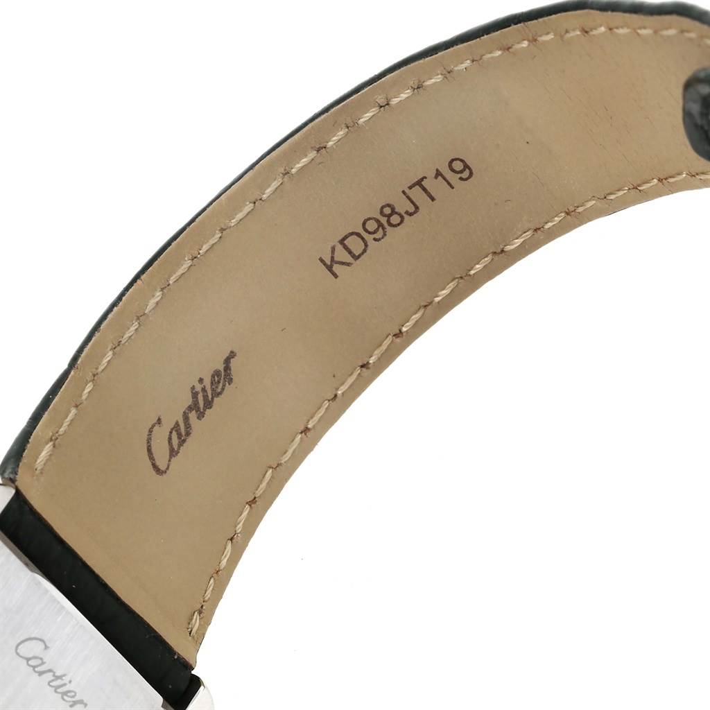This image shows the inner side of the leather strap and a portion of the clasp of a Cartier Tank Solo W1018355 Men
s Stainless Steel Silver Dial W1018355 Men
s Stainless Steel Silver Dial watch.