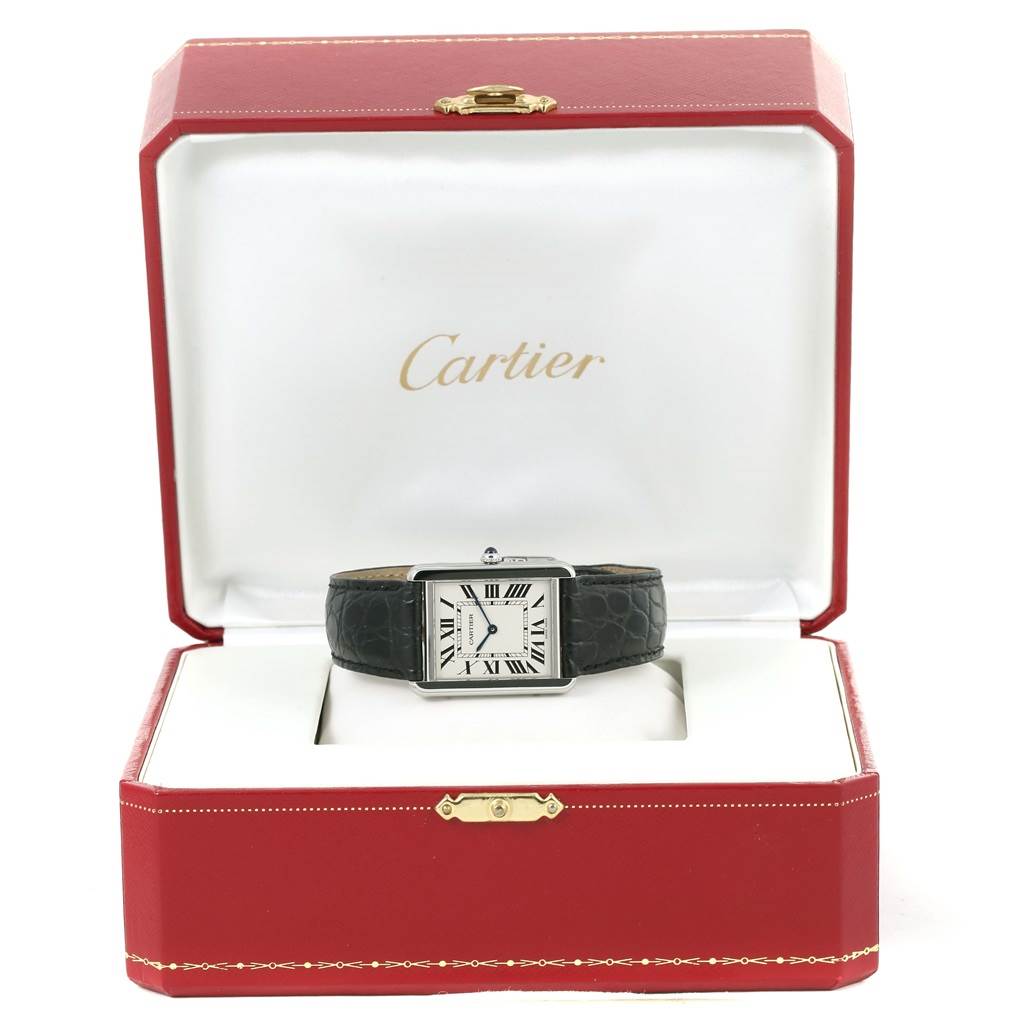 The Cartier Tank Solo W1018355 Men
s Stainless Steel Silver Dial W1018355 Men
s Stainless Steel Silver Dial watch is shown from the front, resting in its open red display box.