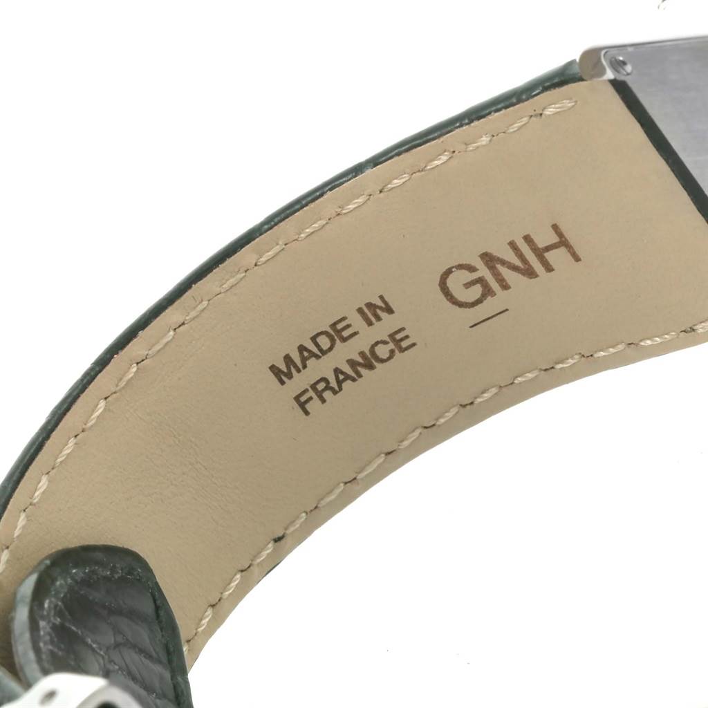 This image shows a close-up of the underside of the strap for a Cartier Tank Solo W1018355 Men
s Stainless Steel Silver Dial W1018355 Men
s Stainless Steel Silver Dial watch, highlighting the "Made in France" imprint.