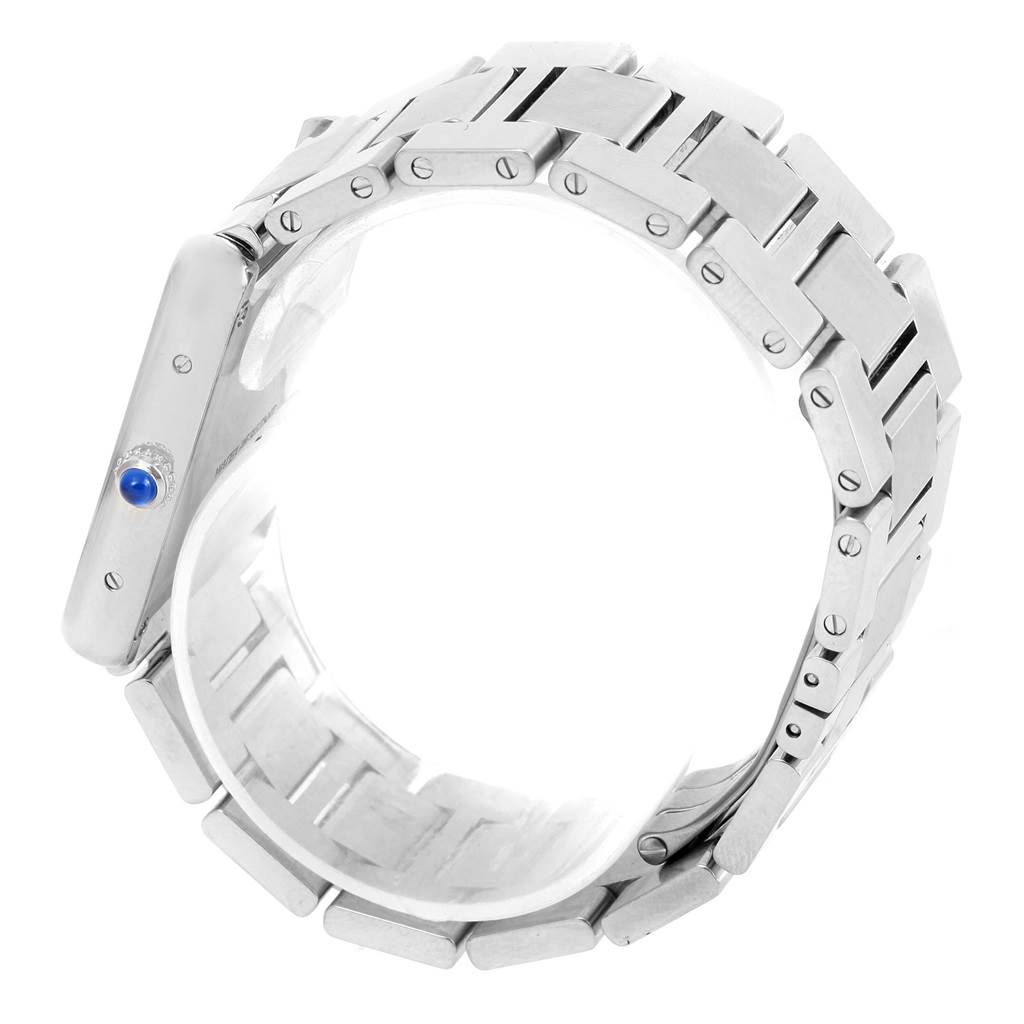 This image shows a side view of a Cartier Tank Solo W5200014 Men
s Stainless Steel Silver Dial W5200014 Men
s Stainless Steel Silver Dial watch with its metal bracelet and blue cabochon crown.