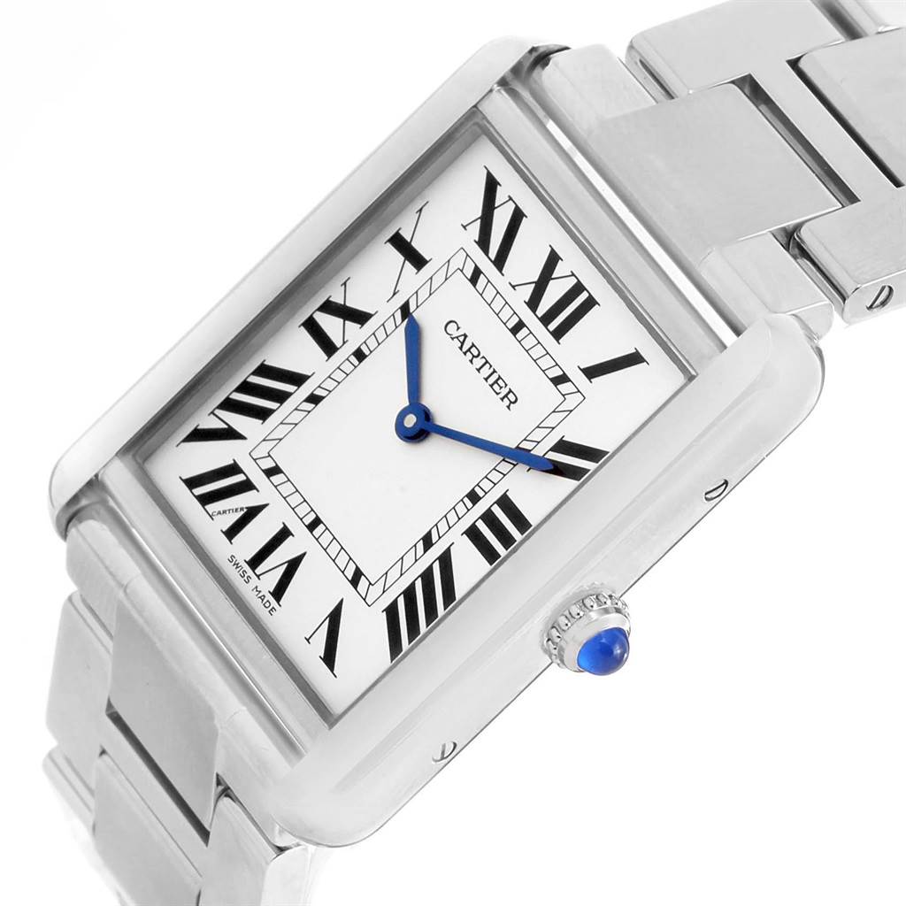 The Cartier Tank Solo W5200014 Men
s Stainless Steel Silver Dial W5200014 Men
s Stainless Steel Silver Dial watch is shown at a slight side angle, displaying its face, Roman numerals, blue hands, and part of the bracelet.