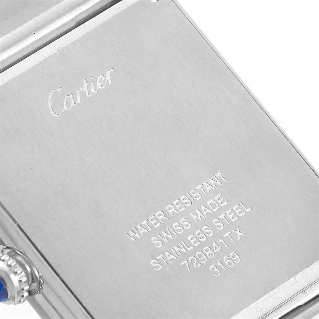 This image shows the back and the crown of the Cartier Tank Solo W5200014 Men
s Stainless Steel Silver Dial W5200014 Men
s Stainless Steel Silver Dial watch from an angled side view.