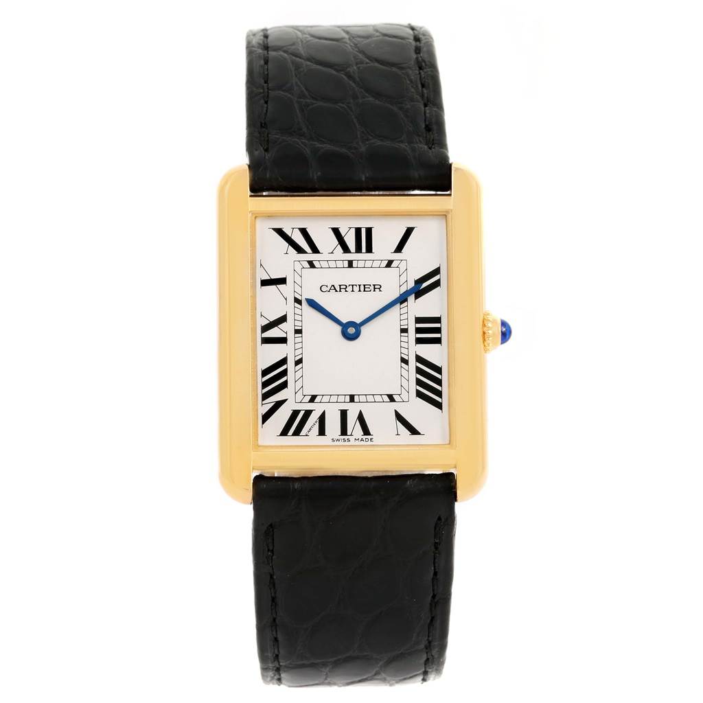The Cartier Tank Solo W1018855 Men
s Steel and Gold (two tone) Silver Dial W1018855 Men
s Steel and Gold (two tone) Silver Dial watch is shown from a front angle, displaying the rectangular face, Roman numerals, and black leather strap.