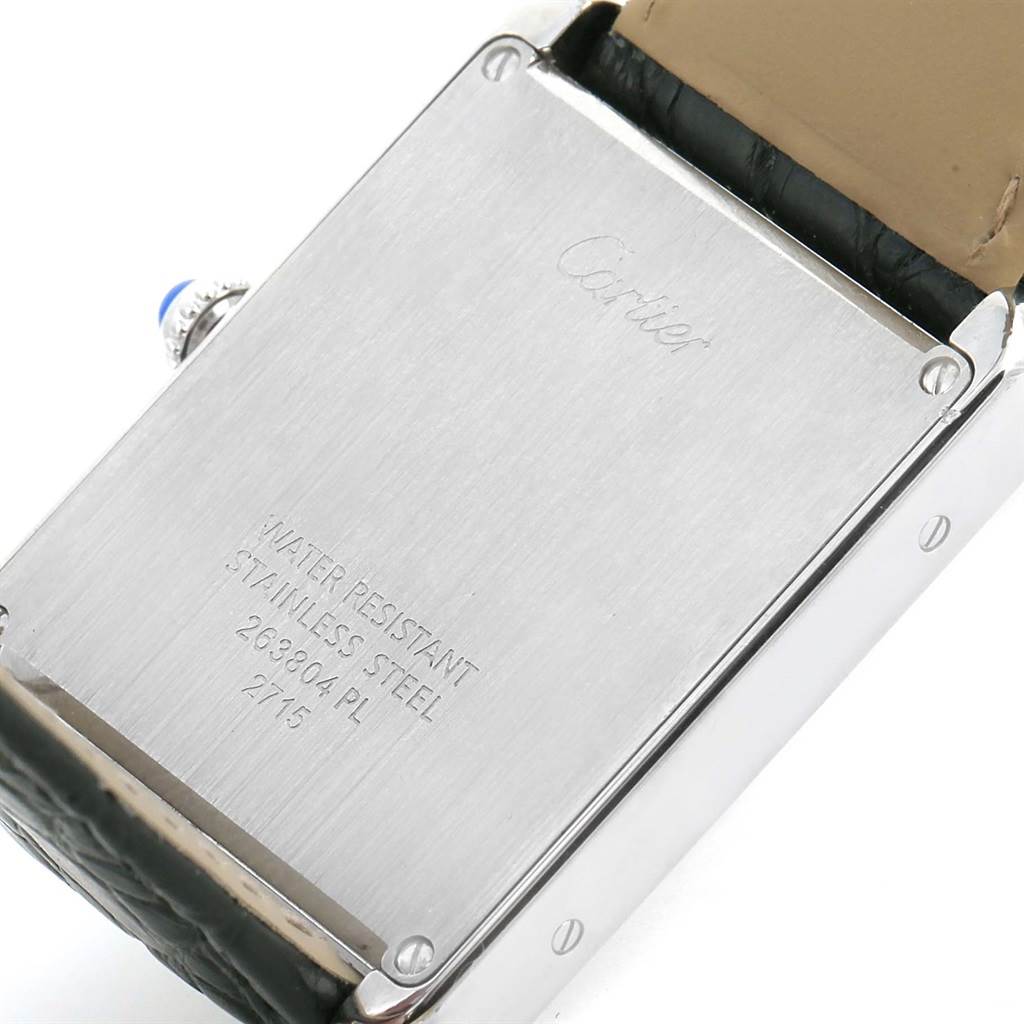 This image shows the back case of the Cartier Tank Solo W1018355 Stainless Steel Silver Dial W1018355 Stainless Steel Silver Dial watch, highlighting its stainless steel construction and water resistance.