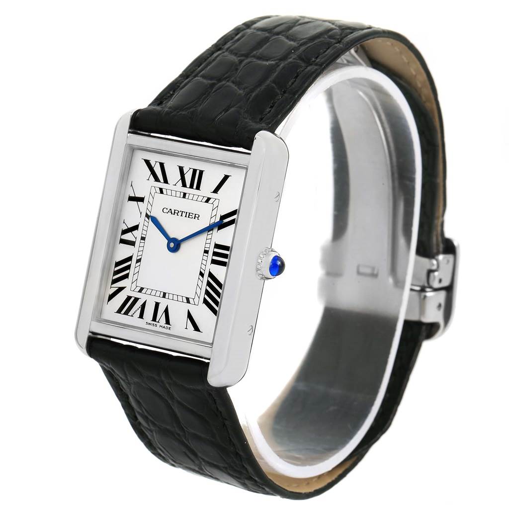The image shows a Cartier Tank Solo W1018355 Stainless Steel Silver Dial W1018355 Stainless Steel Silver Dial watch at a slight angle, displaying the face, bezel, crown, and part of the strap.