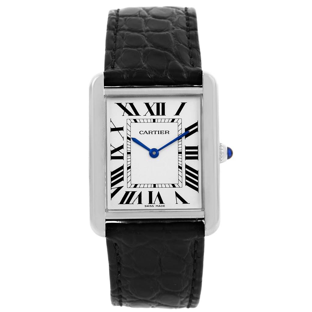 The image shows a frontal view of a Cartier Tank Solo W1018355 Stainless Steel Silver Dial W1018355 Stainless Steel Silver Dial watch, featuring its dial, Roman numerals, blue hands, and black leather strap.