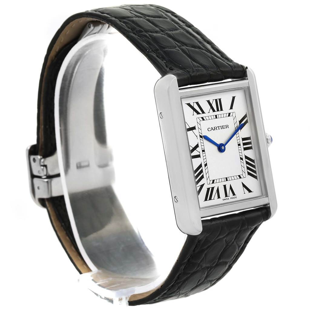 The image shows a Cartier Tank Solo W1018355 Stainless Steel Silver Dial W1018355 Stainless Steel Silver Dial watch from an angled side view, highlighting its face, case, and black leather strap.
