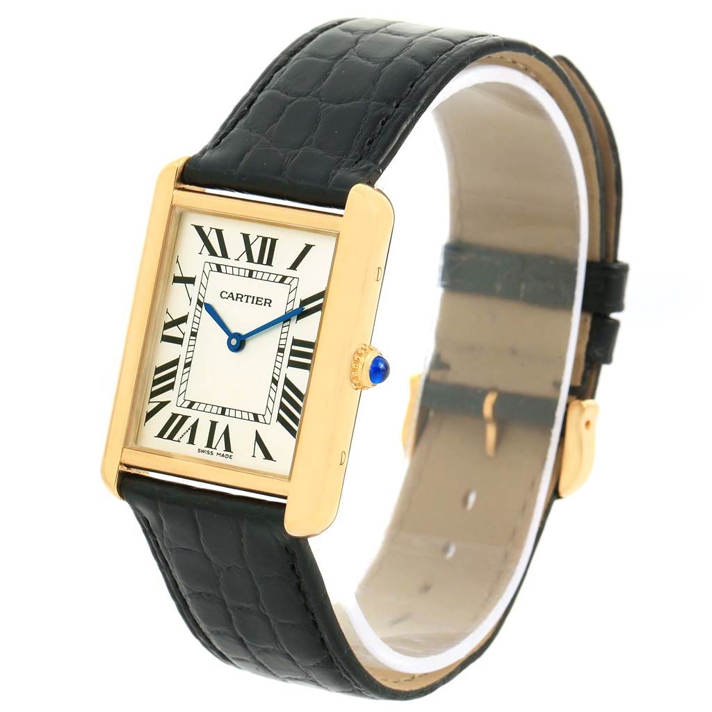 The image shows a Cartier Tank Solo W1018855 Men
s Steel and Gold (two tone) Silver Dial W1018855 Men
s Steel and Gold (two tone) Silver Dial watch, displaying the face, numerals, strap, and crown, angled slightly to the right.