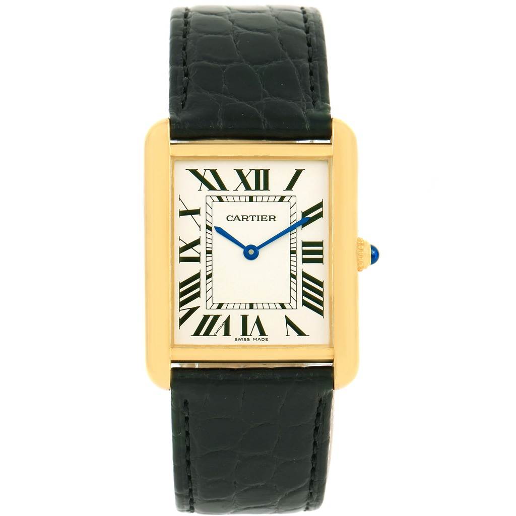 The image shows a front view of the Cartier Tank Solo W1018855 Men
s Steel and Gold (two tone) Silver Dial W1018855 Men
s Steel and Gold (two tone) Silver Dial watch, highlighting its rectangular face, Roman numerals, and black leather strap.