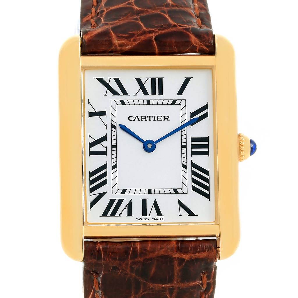 This image shows a front view of the Cartier Tank Solo W1018855 Men
s Steel and Gold (two tone) Silver Dial W1018855 Men
s Steel and Gold (two tone) Silver Dial watch, highlighting its dial, strap, and bezel.