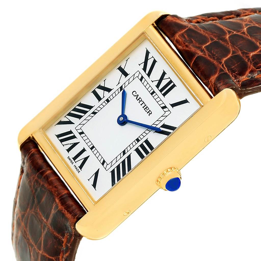 The image shows a close-up of the Cartier Tank Solo W1018855 Men
s Steel and Gold (two tone) Silver Dial W1018855 Men
s Steel and Gold (two tone) Silver Dial watch, highlighting its rectangular face and leather strap at an angle.