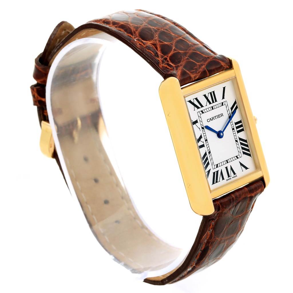 The image shows a Cartier Tank Solo W1018855 Men
s Steel and Gold (two tone) Silver Dial W1018855 Men
s Steel and Gold (two tone) Silver Dial watch angled to display its rectangular face and brown leather strap.