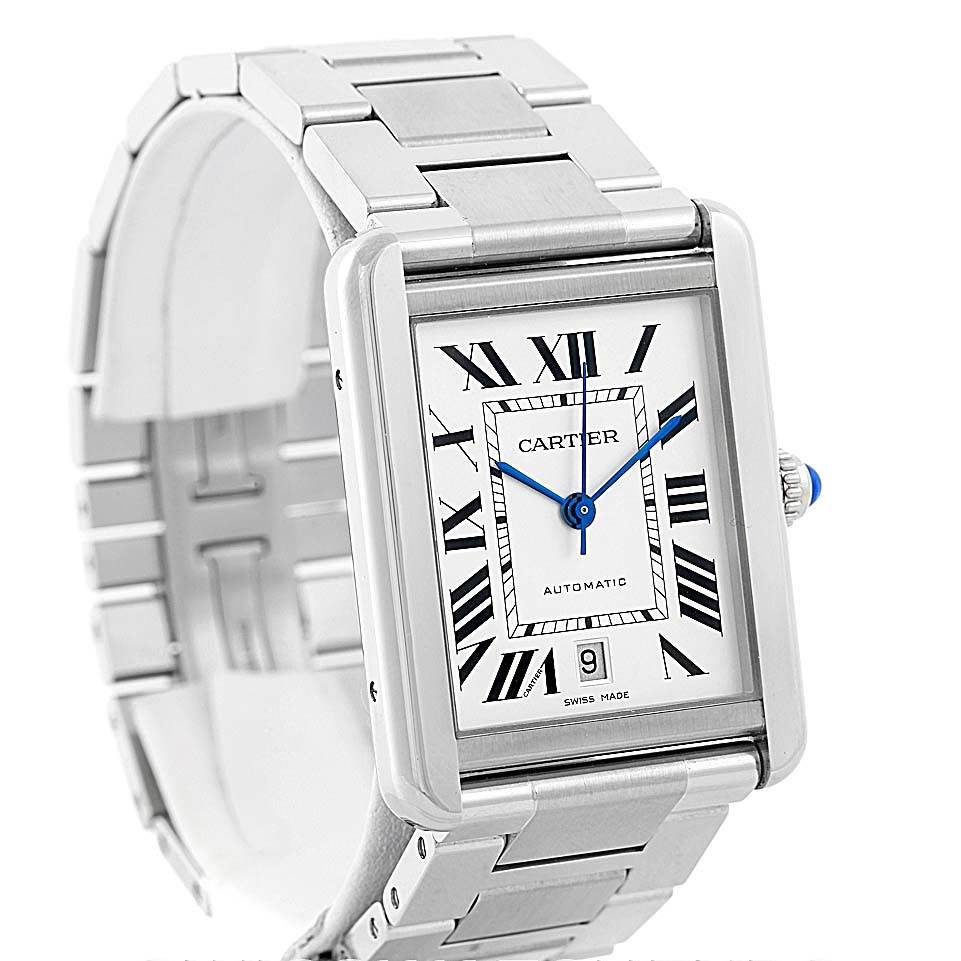 This image shows a Cartier Tank Solo W5200028 Men
s Stainless Steel Silver Dial W5200028 Men
s Stainless Steel Silver Dial watch at a slight angle, highlighting the case, dial, bracelet, and crown.