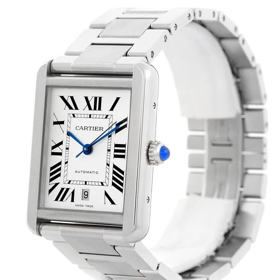 The image shows a Cartier Tank Solo W5200028 Men
s Stainless Steel Silver Dial W5200028 Men
s Stainless Steel Silver Dial watch at an angle highlighting its dial, bezel, crown, and metal bracelet.