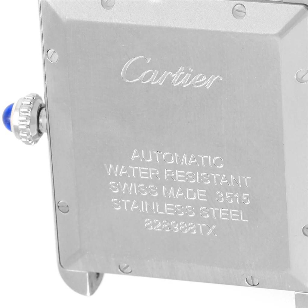 The image shows the back case and crown of the Cartier Tank Solo W5200028 Men
s Stainless Steel Silver Dial W5200028 Men
s Stainless Steel Silver Dial watch.